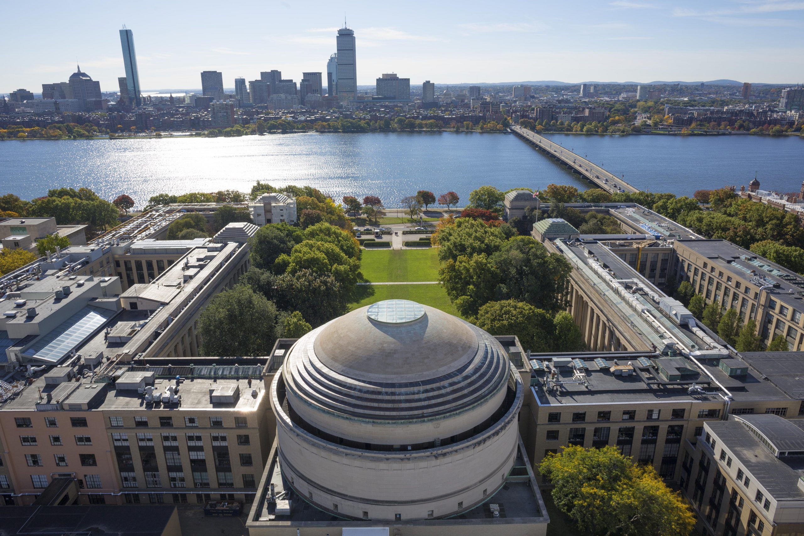 MIT dome aerial view with Charles River and Boston skyline